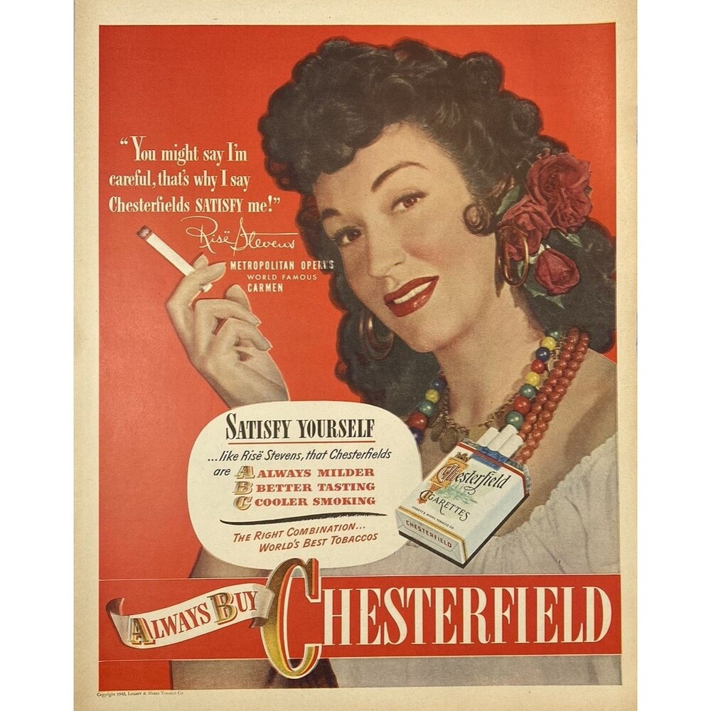 Chesterfield Cigarettes Rise Stevens in "Carmen" Metropolitan Opera Print Ad '48